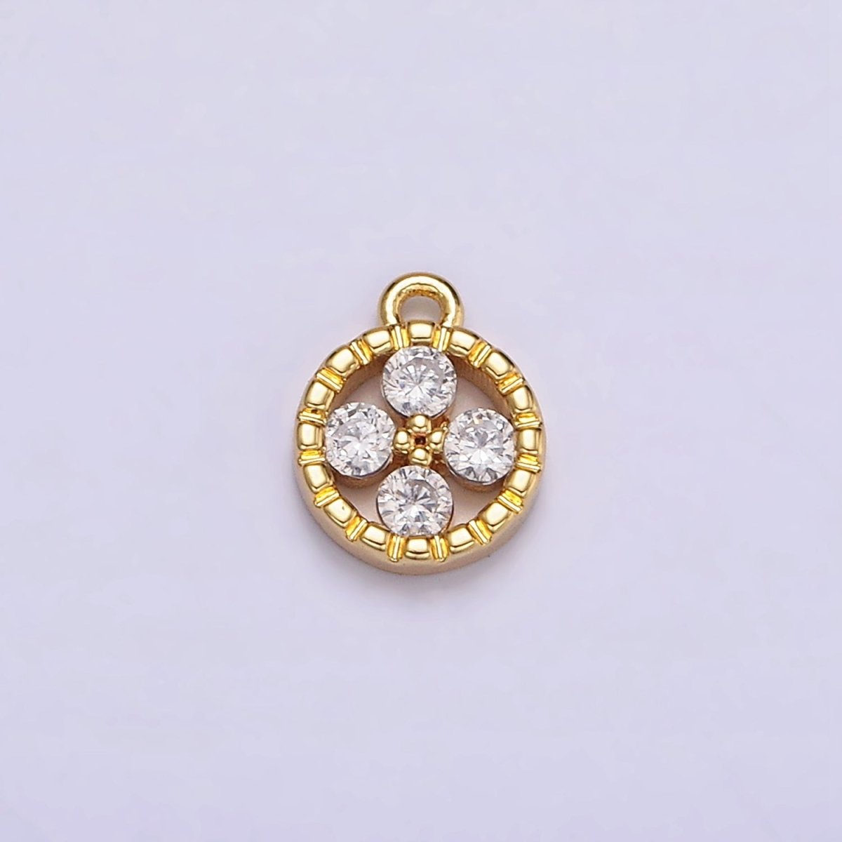 16K Gold Filled Clear CZ Quatrefoil Round Line-Textured Add-On Charm | N958 - DLUXCA