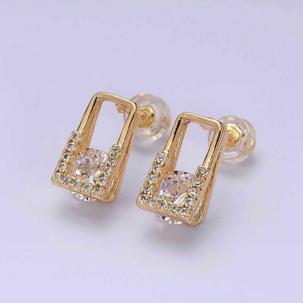 16K Gold Filled Clear CZ Round Micro Paved Open Rectangular Stud Earrings | AD943 AD944 - DLUXCA