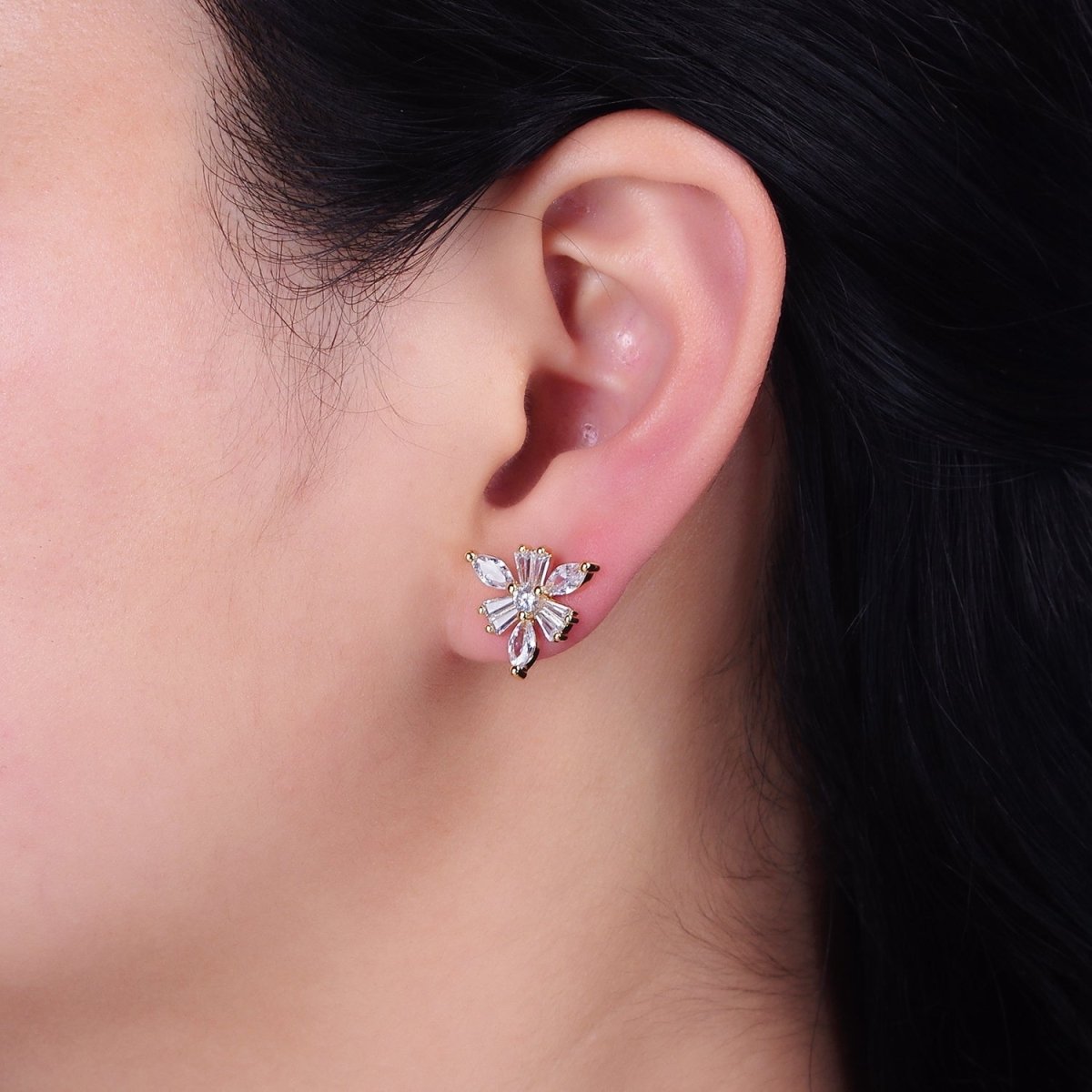 16K Gold Filled Clear CZ Snowflake Flower Baguette Marquise Stud Earrings in Gold & Silver | AD1237 AD1238 - DLUXCA