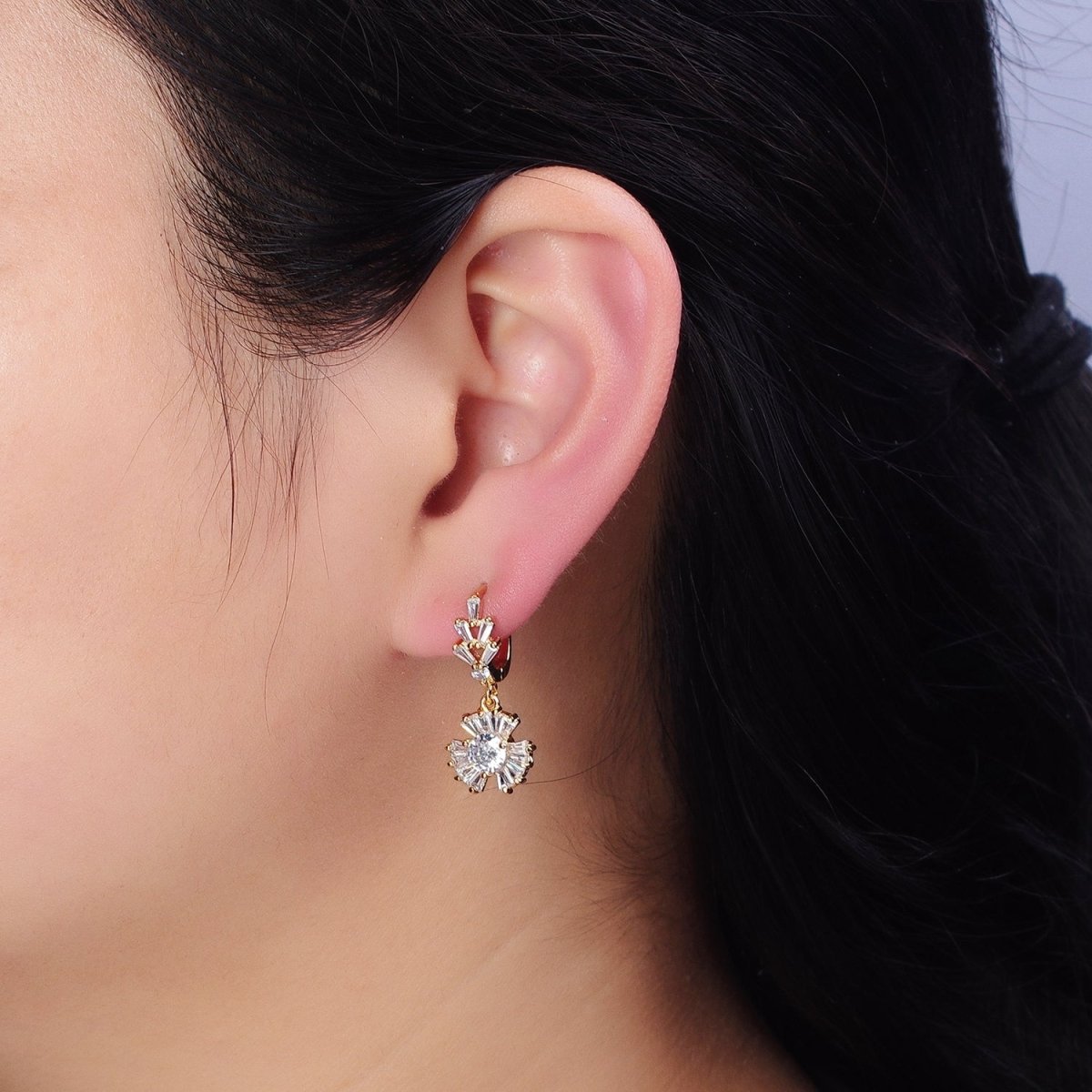 16K Gold Filled Clear CZ Sunburst Drop Baguette English Lock Earrings in Gold & Silver | AD861 AD862 - DLUXCA