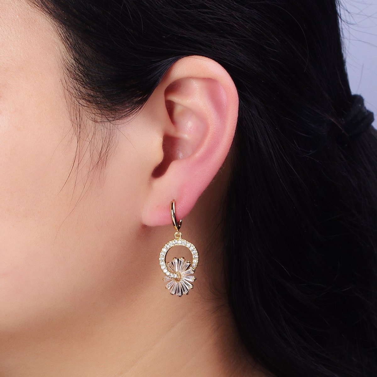 16K Gold Filled Clear Flower Baguette Circular Drop Huggie Earrings | AD820 - DLUXCA