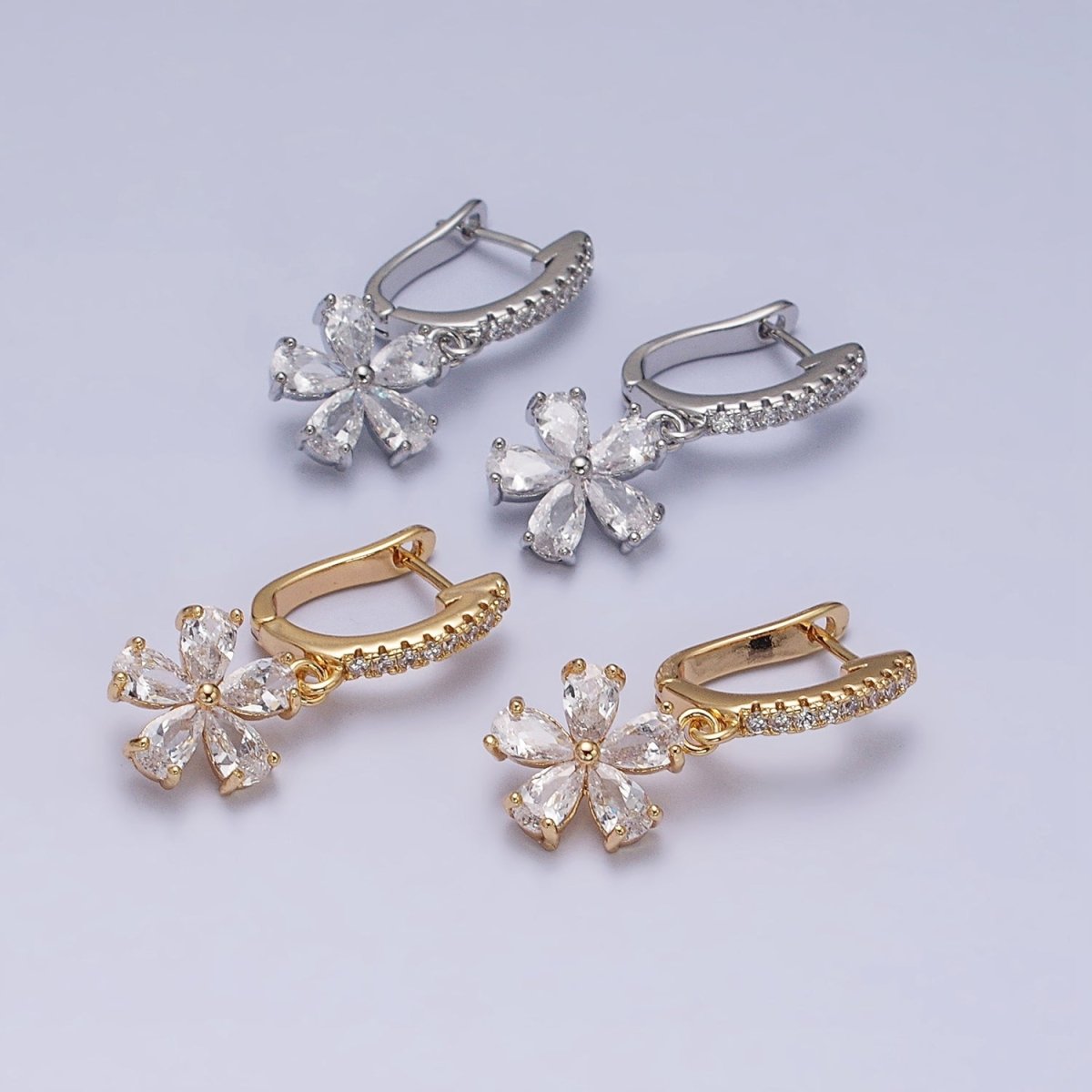 16K Gold Filled Clear Flower Baguette Drop Micro Paved English Lock Earrings in Gold & Silver | AD927 AD928 - DLUXCA