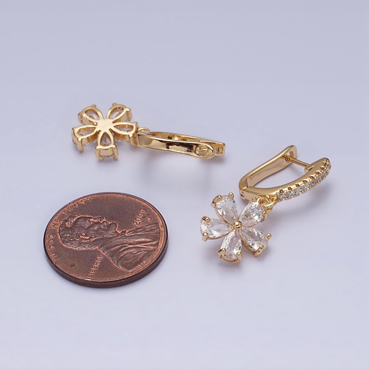 16K Gold Filled Clear Flower Baguette Drop Micro Paved English Lock Earrings in Gold & Silver | AD927 AD928 - DLUXCA