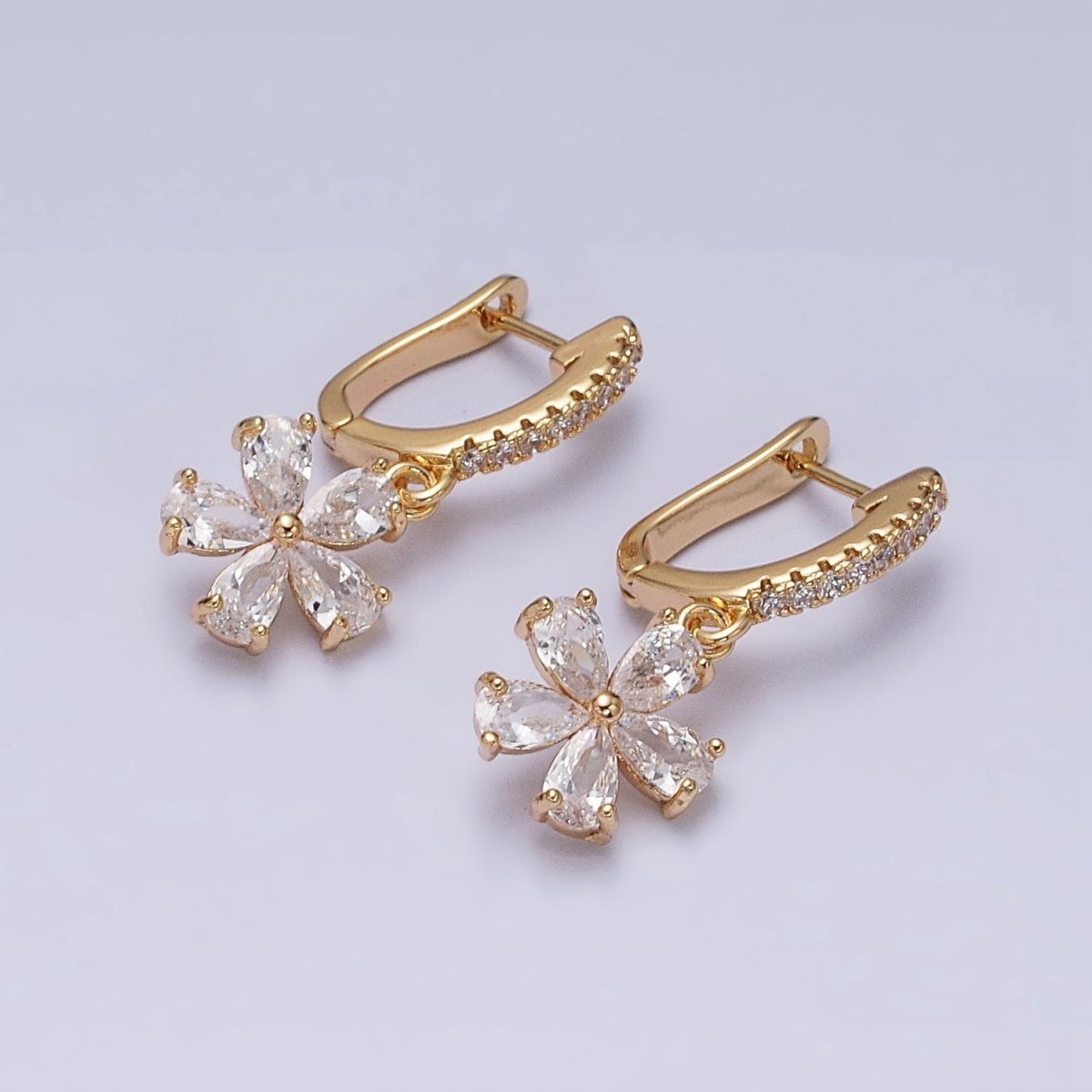 16K Gold Filled Clear Flower Baguette Drop Micro Paved English Lock Earrings in Gold & Silver | AD927 AD928 - DLUXCA