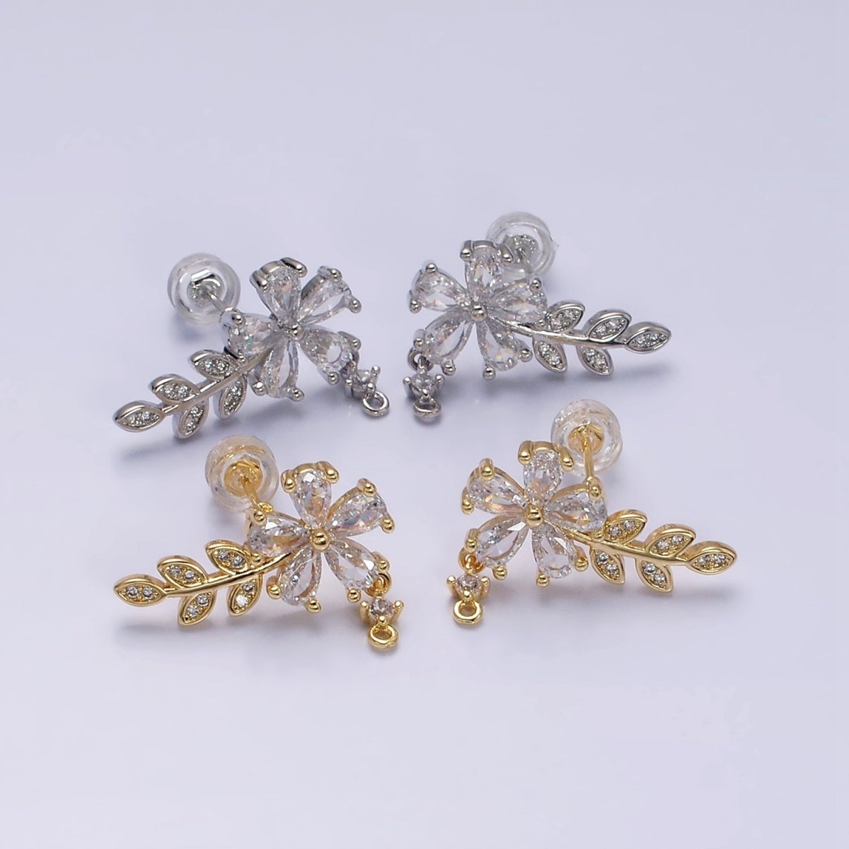 16K Gold Filled Clear Flower Teardrop Micro Paved Olive Leaf Stud Earrings in Gold & Silver | AD1138 AD1139 - DLUXCA