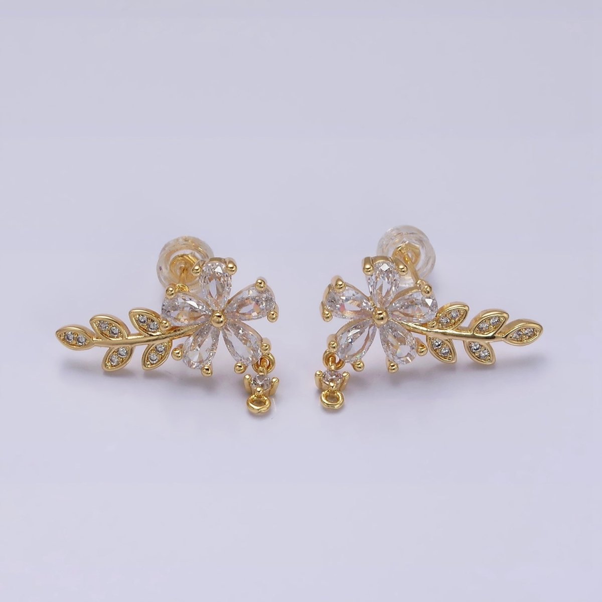 16K Gold Filled Clear Flower Teardrop Micro Paved Olive Leaf Stud Earrings in Gold & Silver | AD1138 AD1139 - DLUXCA