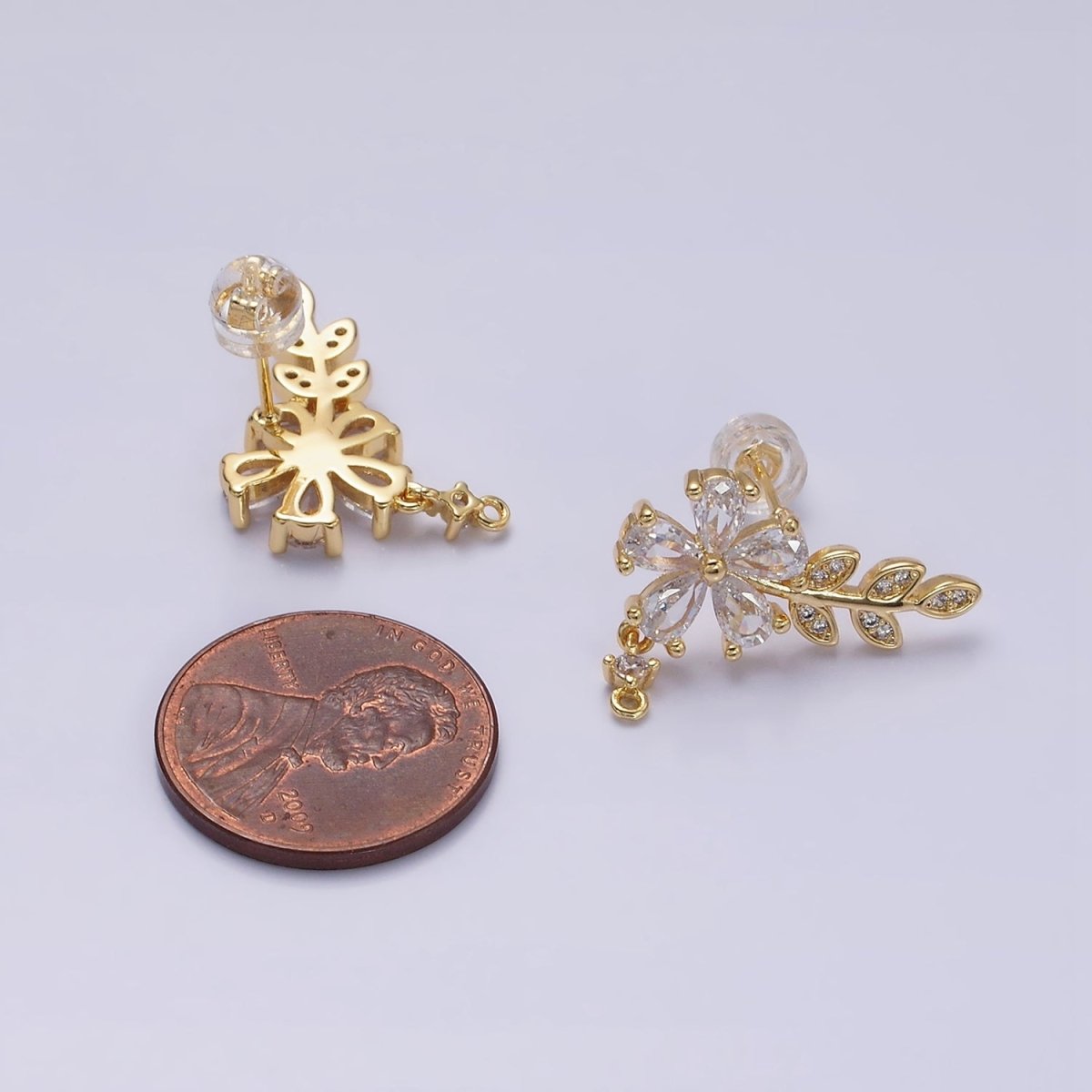 16K Gold Filled Clear Flower Teardrop Micro Paved Olive Leaf Stud Earrings in Gold & Silver | AD1138 AD1139 - DLUXCA