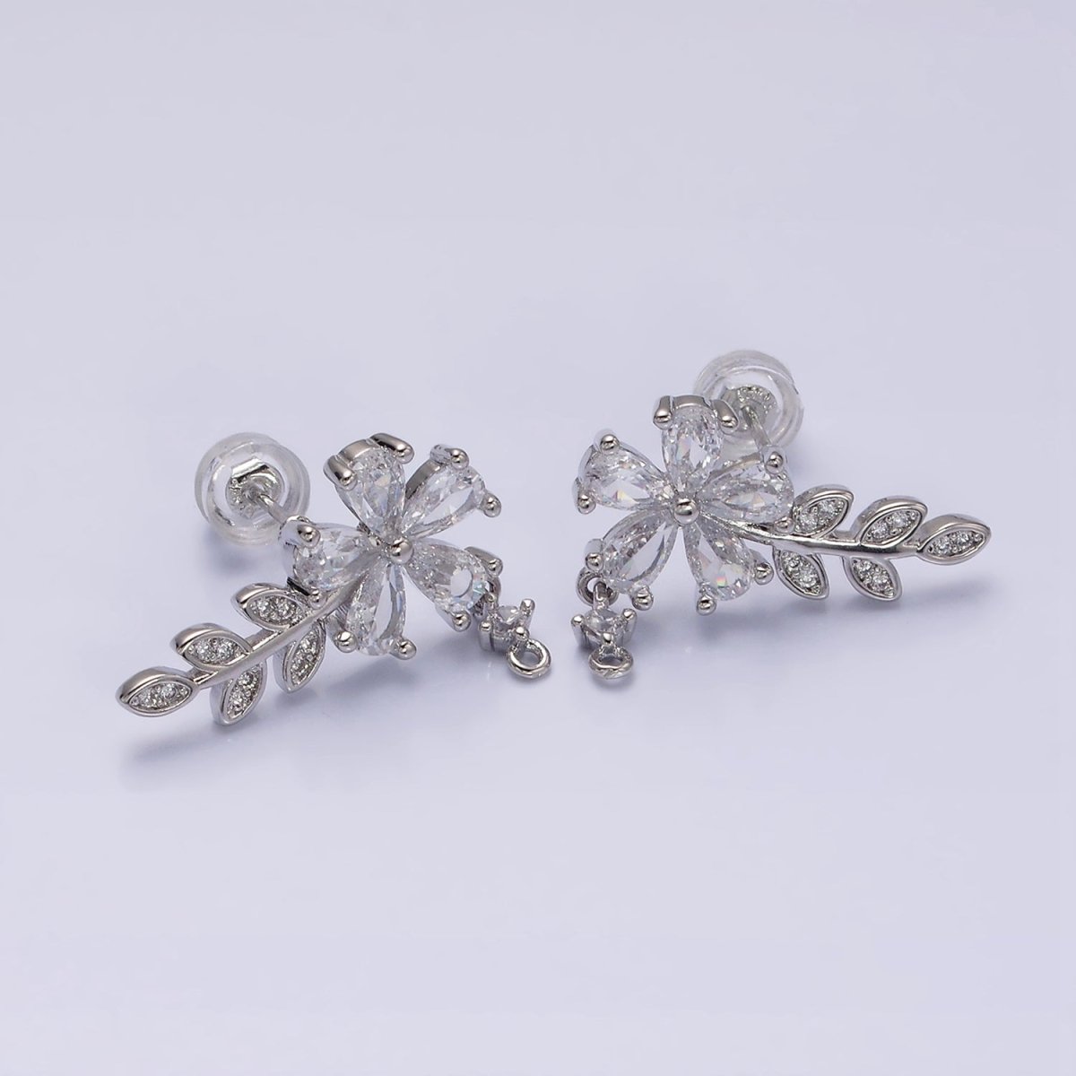 16K Gold Filled Clear Flower Teardrop Micro Paved Olive Leaf Stud Earrings in Gold & Silver | AD1138 AD1139 - DLUXCA