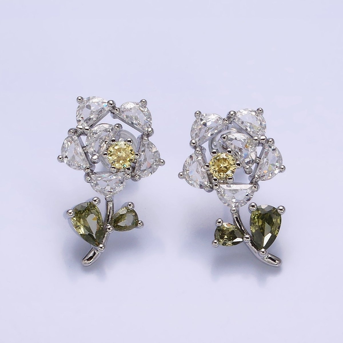 16K Gold Filled Clear, Fuchsia, Pink CZ Flower Leaf Multicolor Stud Earrings in Gold & Silver | AD1018 - AD1023 - DLUXCA