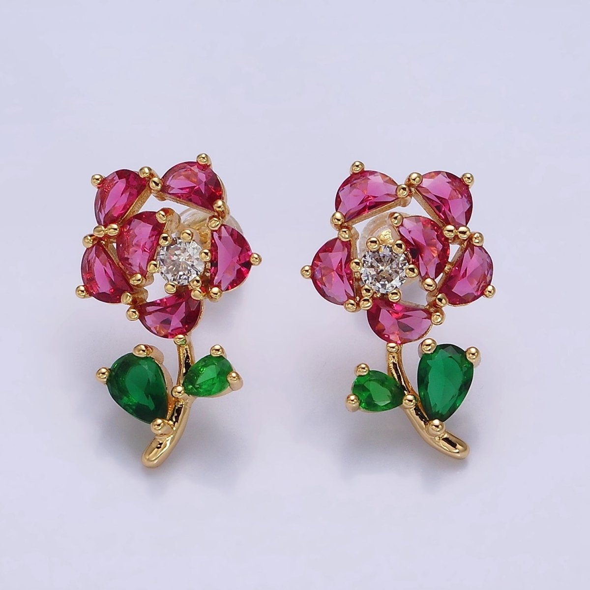 16K Gold Filled Clear, Fuchsia, Pink CZ Flower Leaf Multicolor Stud Earrings in Gold & Silver | AD1018 - AD1023 - DLUXCA
