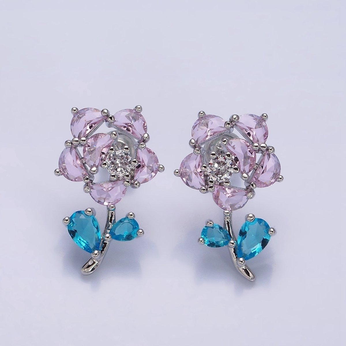 16K Gold Filled Clear, Fuchsia, Pink CZ Flower Leaf Multicolor Stud Earrings in Gold & Silver | AD1018 - AD1023 - DLUXCA