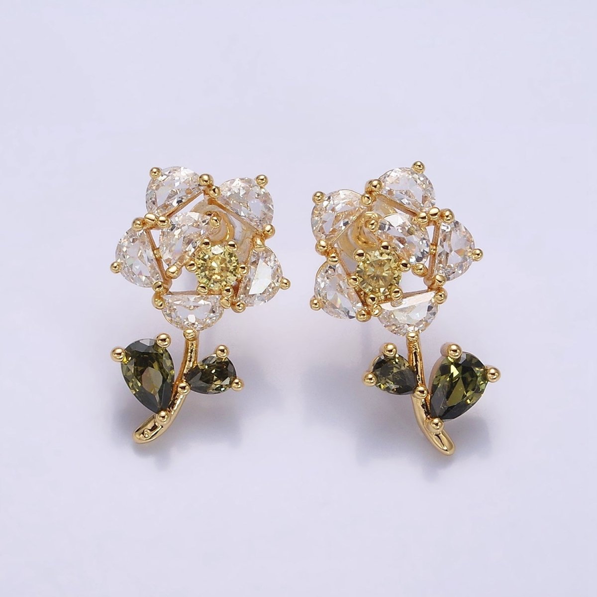 16K Gold Filled Clear, Fuchsia, Pink CZ Flower Leaf Multicolor Stud Earrings in Gold & Silver | AD1018 - AD1023 - DLUXCA
