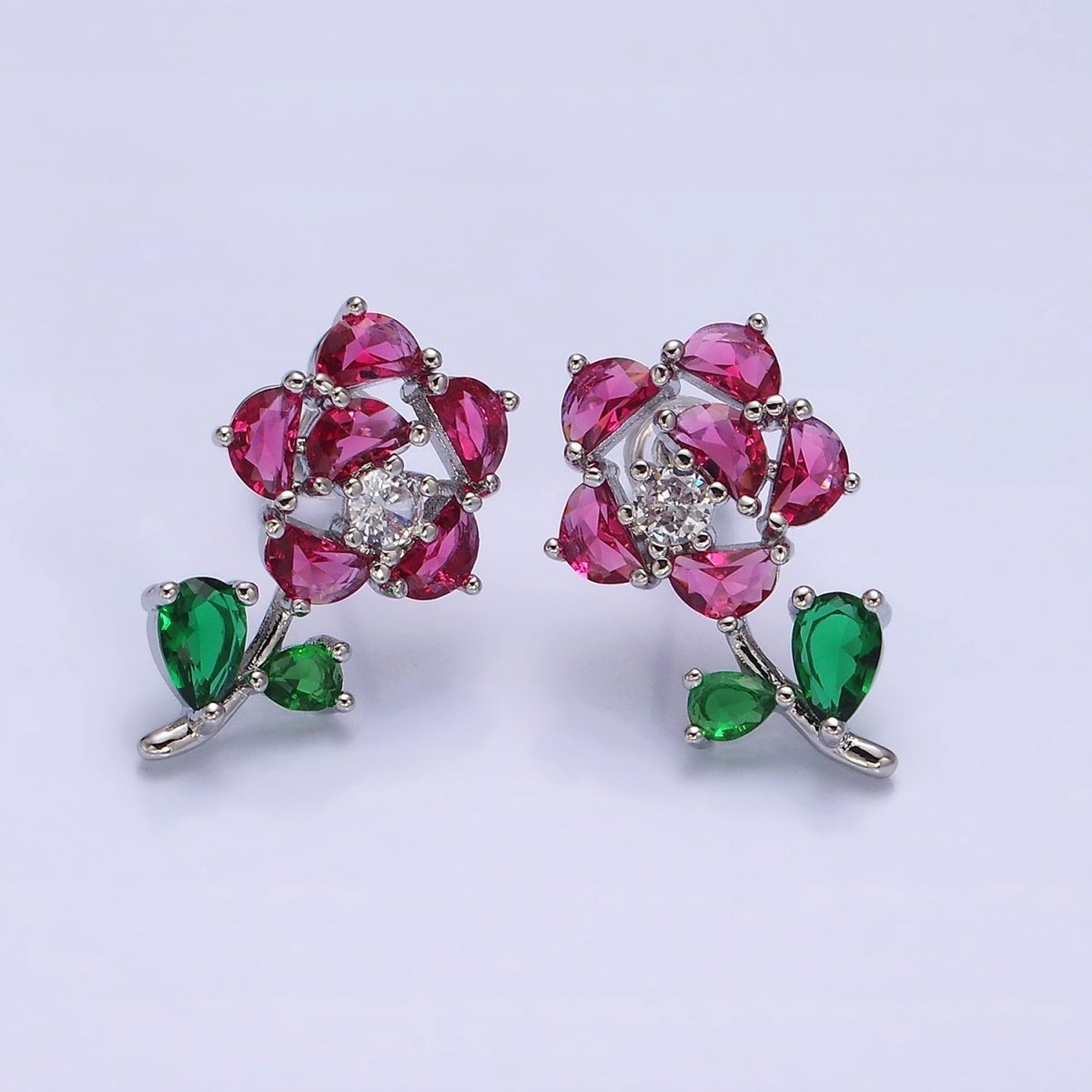 16K Gold Filled Clear, Fuchsia, Pink CZ Flower Leaf Multicolor Stud Earrings in Gold & Silver | AD1018 - AD1023 - DLUXCA
