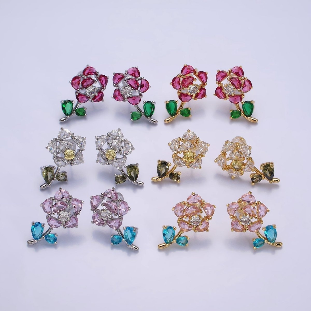 16K Gold Filled Clear, Fuchsia, Pink CZ Flower Leaf Multicolor Stud Earrings in Gold & Silver | AD1018 - AD1023 - DLUXCA