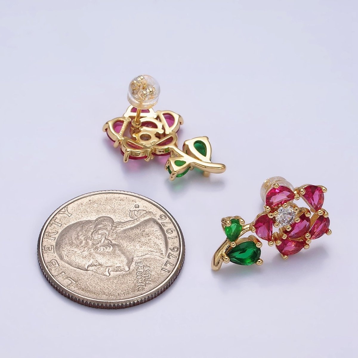 16K Gold Filled Clear, Fuchsia, Pink CZ Flower Leaf Multicolor Stud Earrings in Gold & Silver | AD1018 - AD1023 - DLUXCA