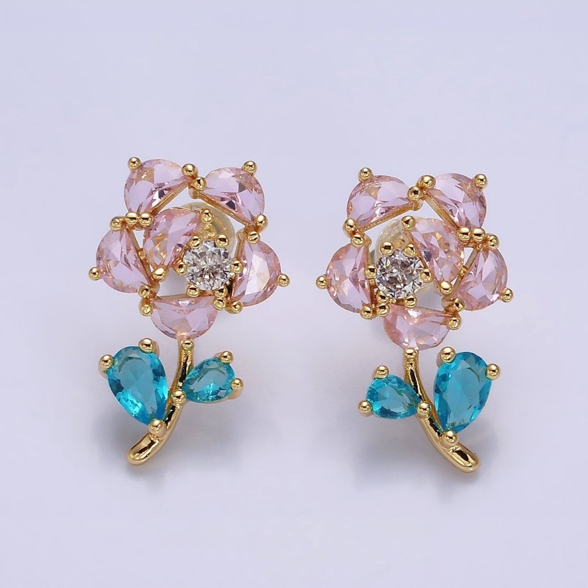 16K Gold Filled Clear, Fuchsia, Pink CZ Flower Leaf Multicolor Stud Earrings in Gold & Silver | AD1018 - AD1023 - DLUXCA