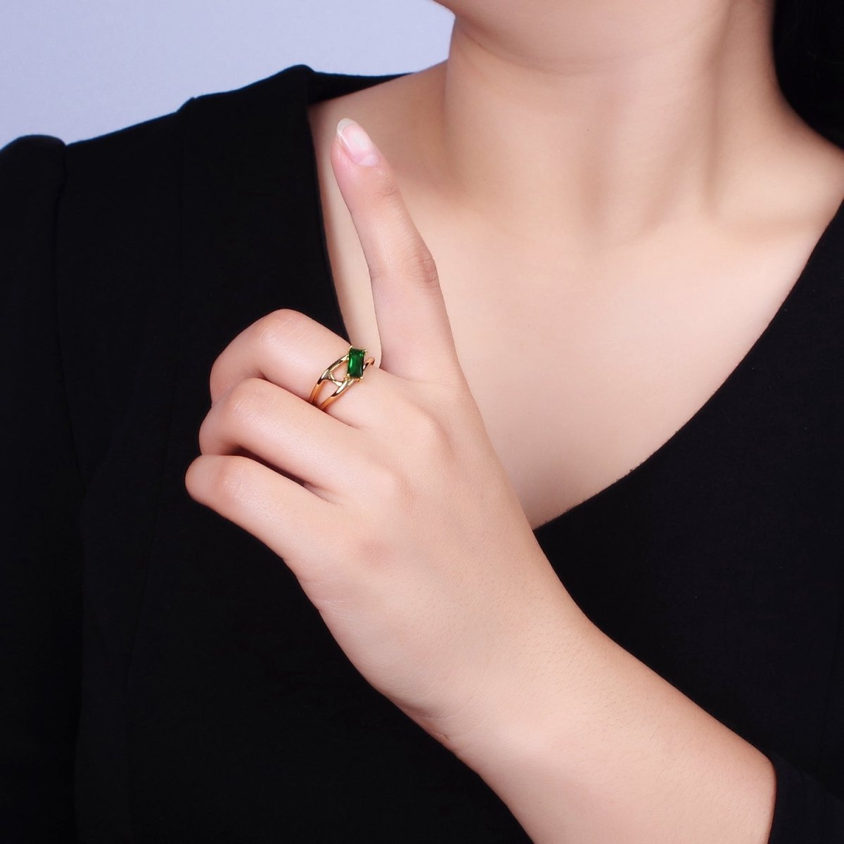 16K Gold Filled Clear, Green Baguette Molten Double Band Ring in Gold & Silver | O-1621 O-1622 O-1623 O-1624 - DLUXCA