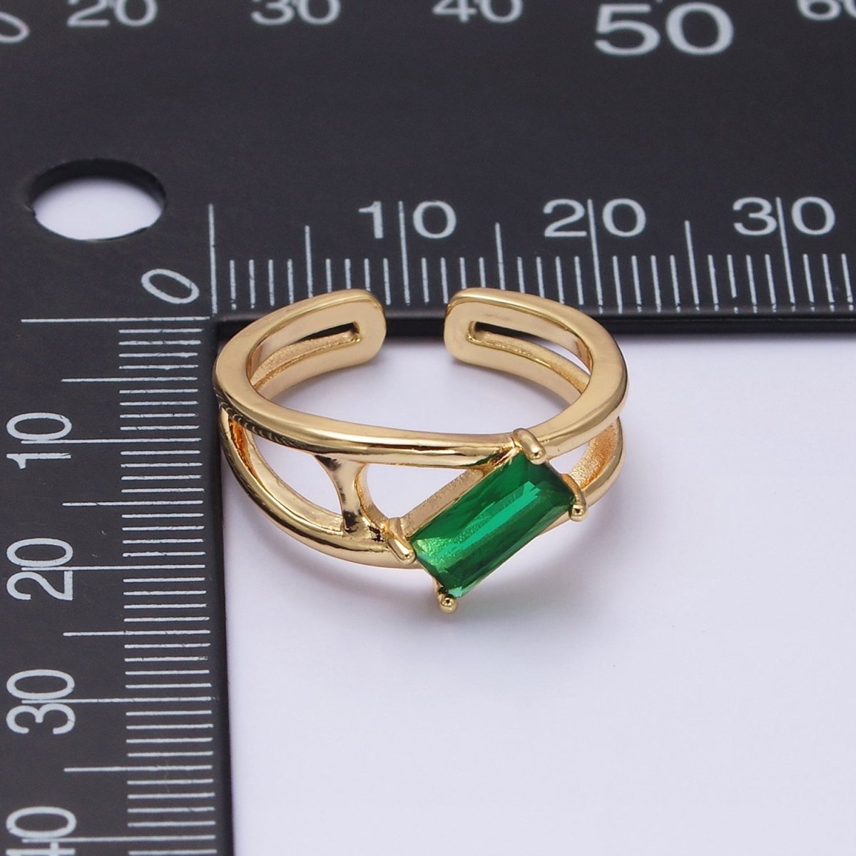 16K Gold Filled Clear, Green Baguette Molten Double Band Ring in Gold & Silver | O-1621 O-1622 O-1623 O-1624 - DLUXCA