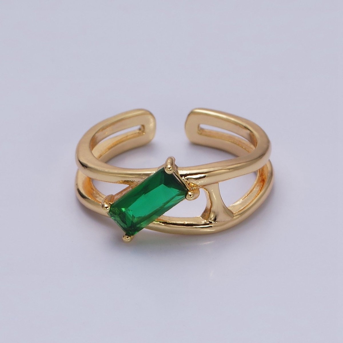 16K Gold Filled Clear, Green Baguette Molten Double Band Ring in Gold & Silver | O-1621 O-1622 O-1623 O-1624 - DLUXCA