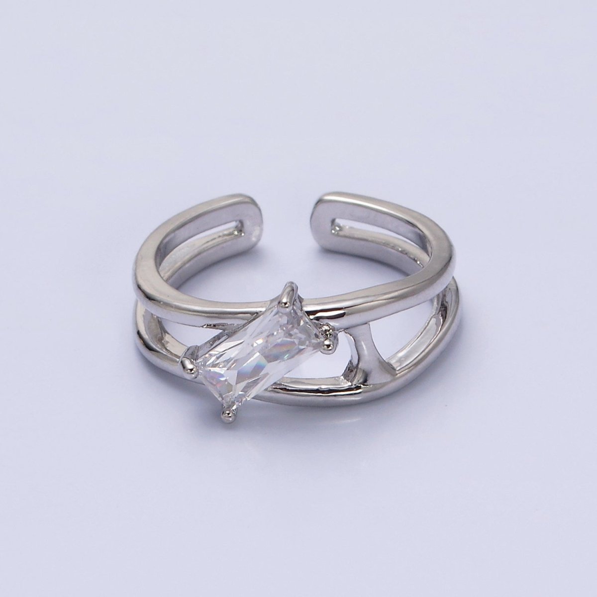 16K Gold Filled Clear, Green Baguette Molten Double Band Ring in Gold & Silver | O-1621 O-1622 O-1623 O-1624 - DLUXCA