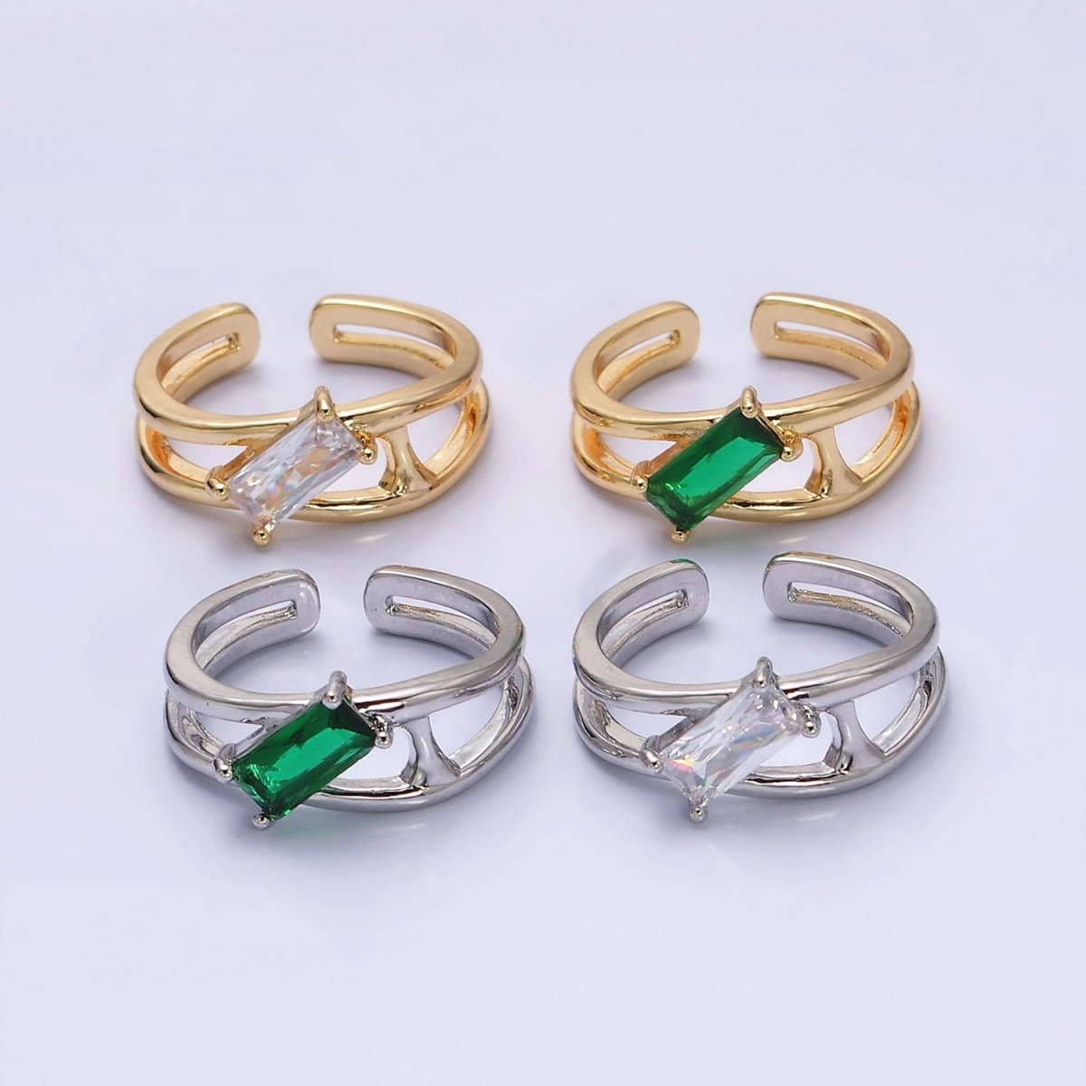 16K Gold Filled Clear, Green Baguette Molten Double Band Ring in Gold & Silver | O-1621 O-1622 O-1623 O-1624 - DLUXCA