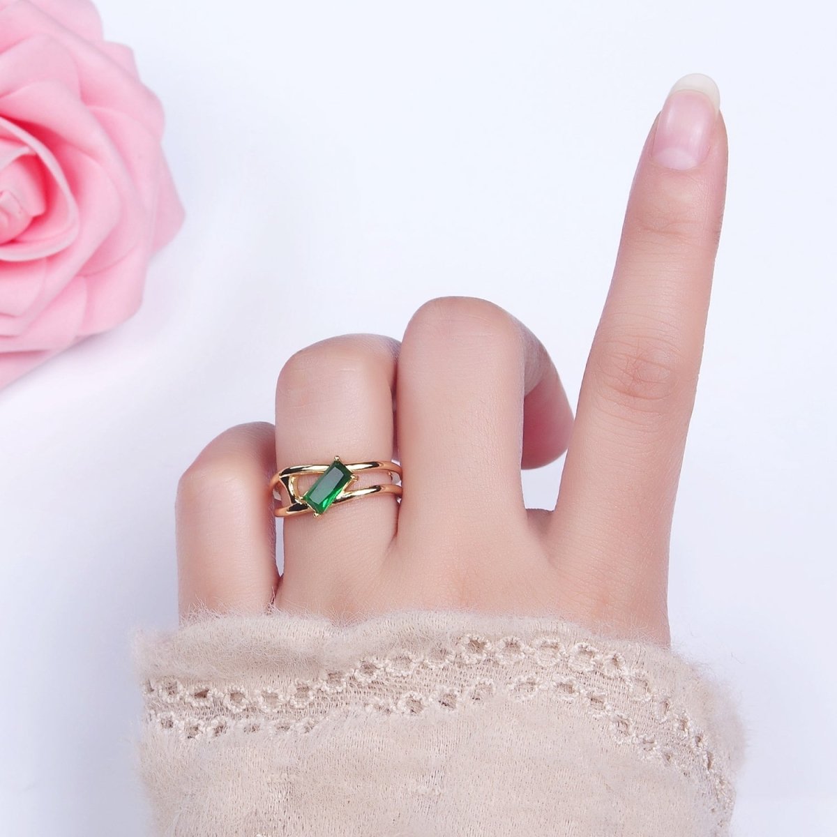 16K Gold Filled Clear, Green Baguette Molten Double Band Ring in Gold & Silver | O-1621 O-1622 O-1623 O-1624 - DLUXCA