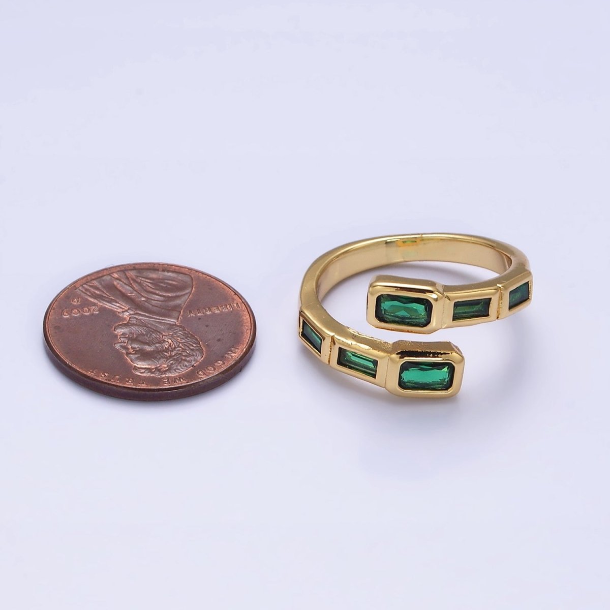 16K Gold Filled Clear, Green, Blue, Fuchsia Baguette Lined Open Ring | O-549 ~ O-553 - DLUXCA