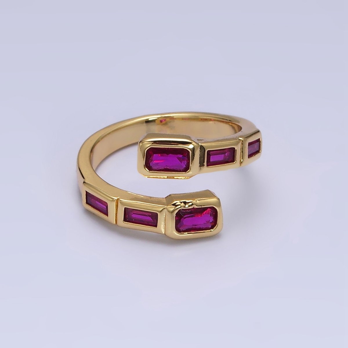 16K Gold Filled Clear, Green, Blue, Fuchsia Baguette Lined Open Ring | O-549 ~ O-553 - DLUXCA