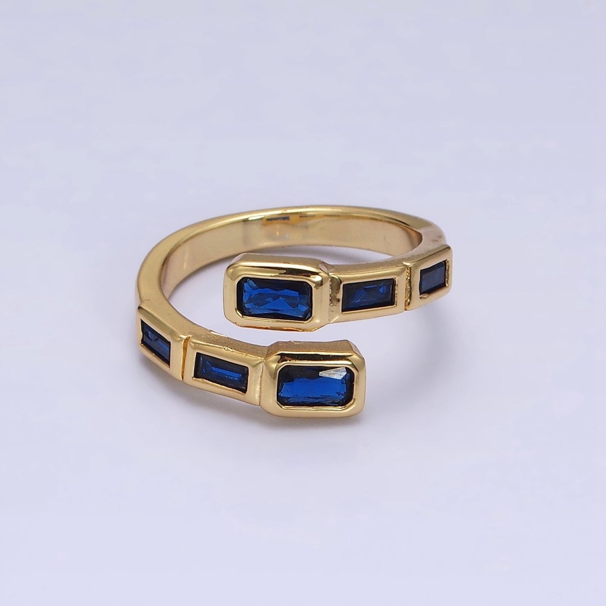 16K Gold Filled Clear, Green, Blue, Fuchsia Baguette Lined Open Ring | O-549 ~ O-553 - DLUXCA