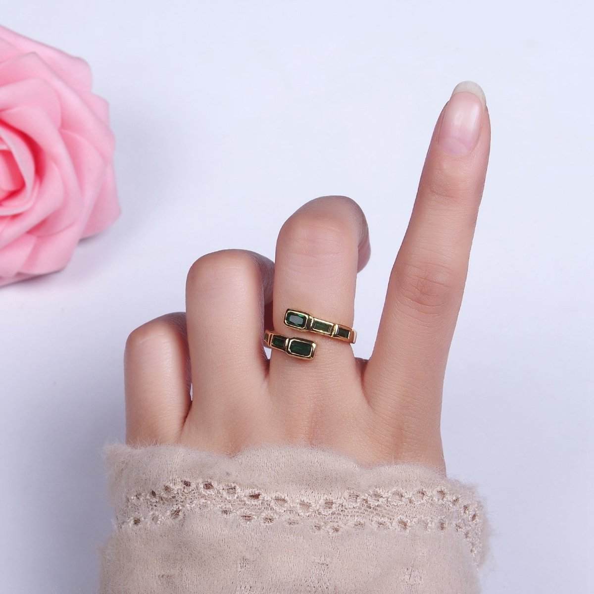 16K Gold Filled Clear, Green, Blue, Fuchsia Baguette Lined Open Ring | O-549 ~ O-553 - DLUXCA