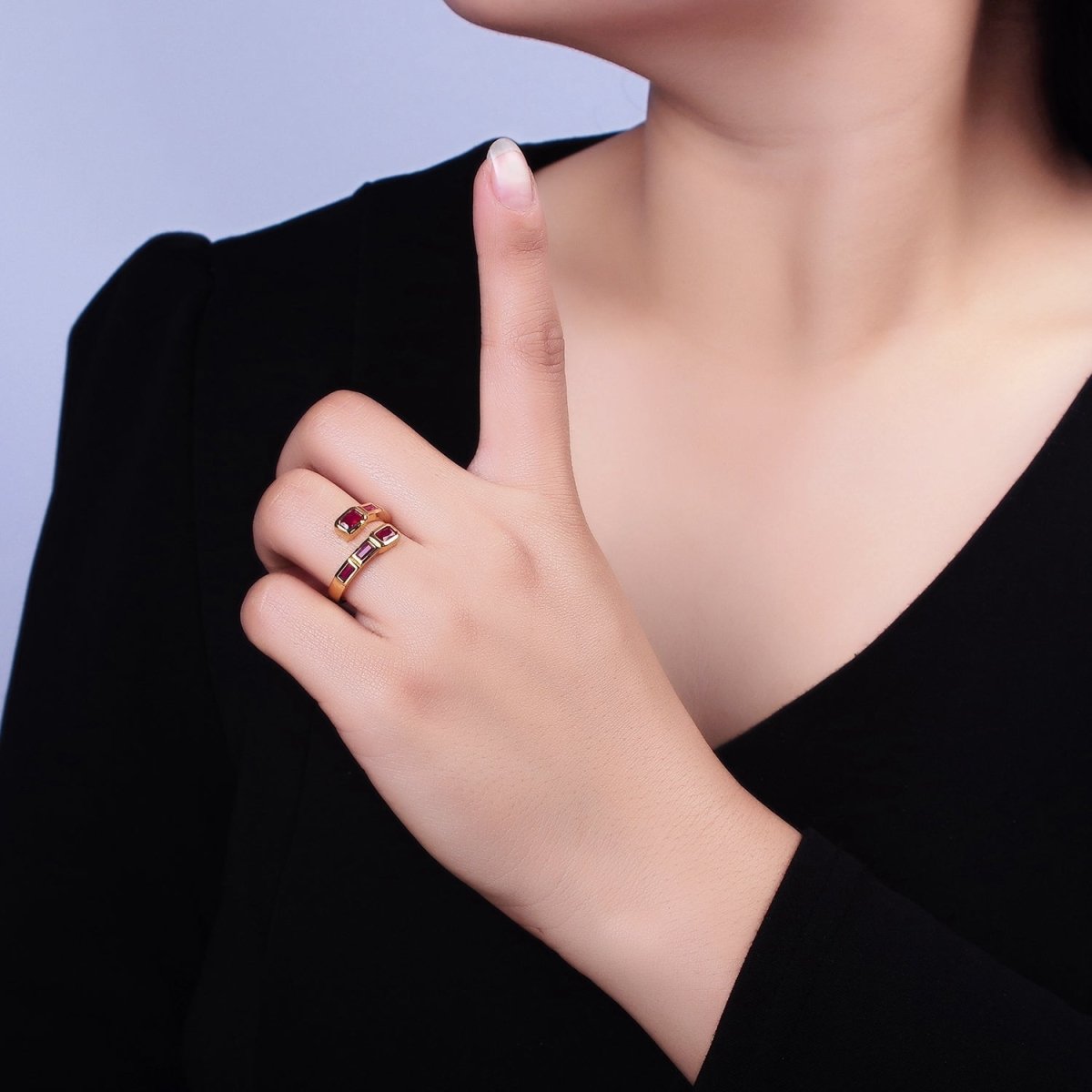 16K Gold Filled Clear, Green, Blue, Fuchsia Baguette Lined Open Ring | O-549 ~ O-553 - DLUXCA