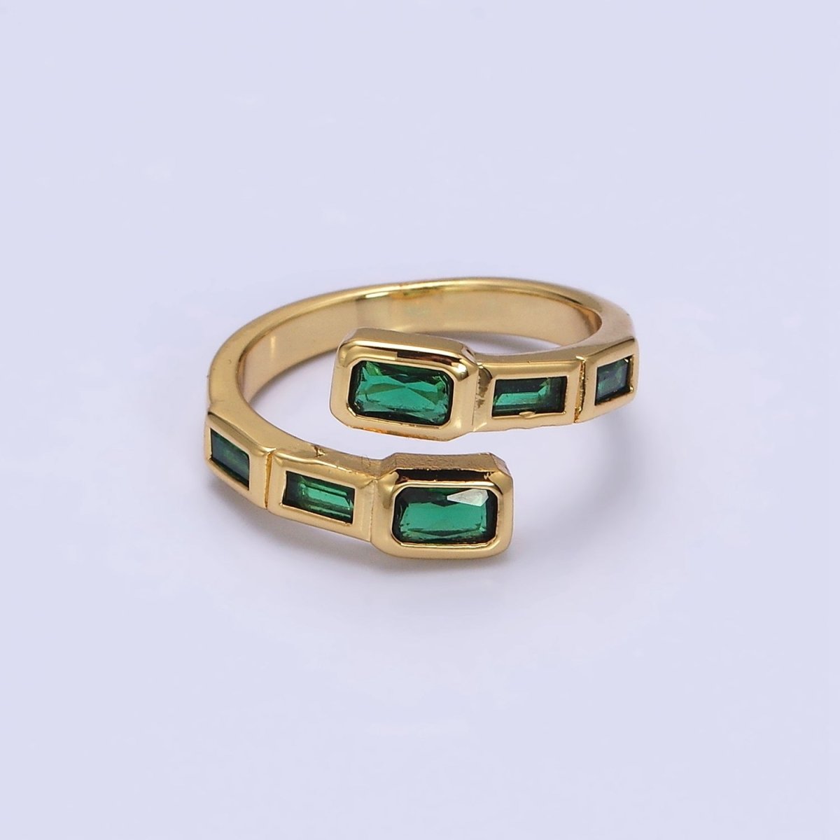 16K Gold Filled Clear, Green, Blue, Fuchsia Baguette Lined Open Ring | O-549 ~ O-553 - DLUXCA