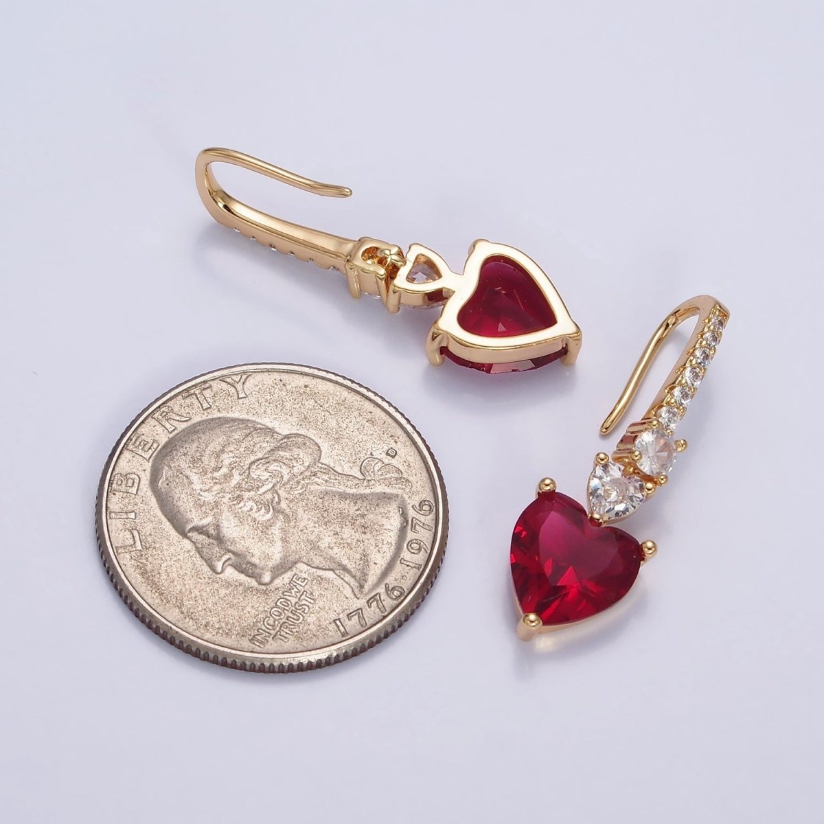 16K Gold Filled Clear, Green, Pink, Red, Blue, Purple CZ Heart Drop Micro Paved French Hook Earrings in Gold & Silver | AD1040 - AD1051 - DLUXCA