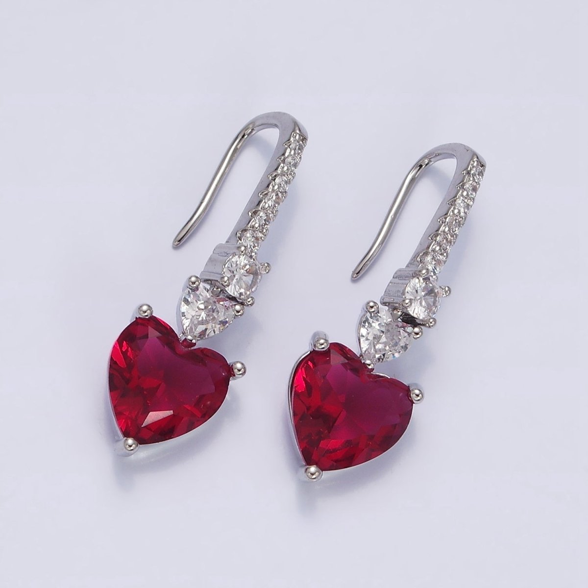 16K Gold Filled Clear, Green, Pink, Red, Blue, Purple CZ Heart Drop Micro Paved French Hook Earrings in Gold & Silver | AD1040 - AD1051 - DLUXCA