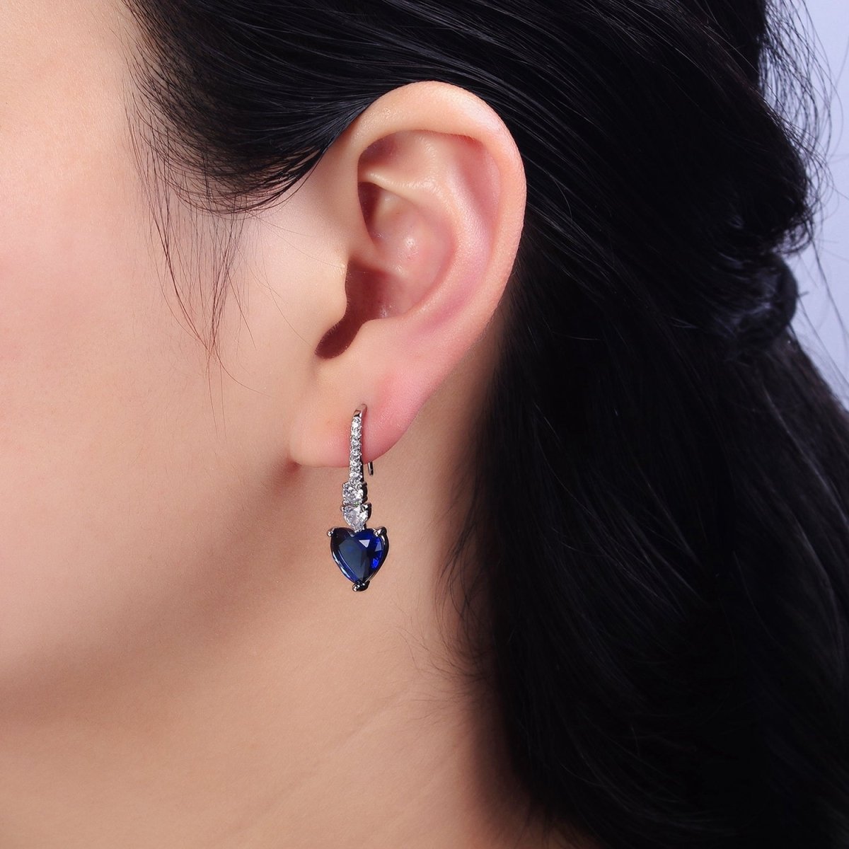 16K Gold Filled Clear, Green, Pink, Red, Blue, Purple CZ Heart Drop Micro Paved French Hook Earrings in Gold & Silver | AD1040 - AD1051 - DLUXCA