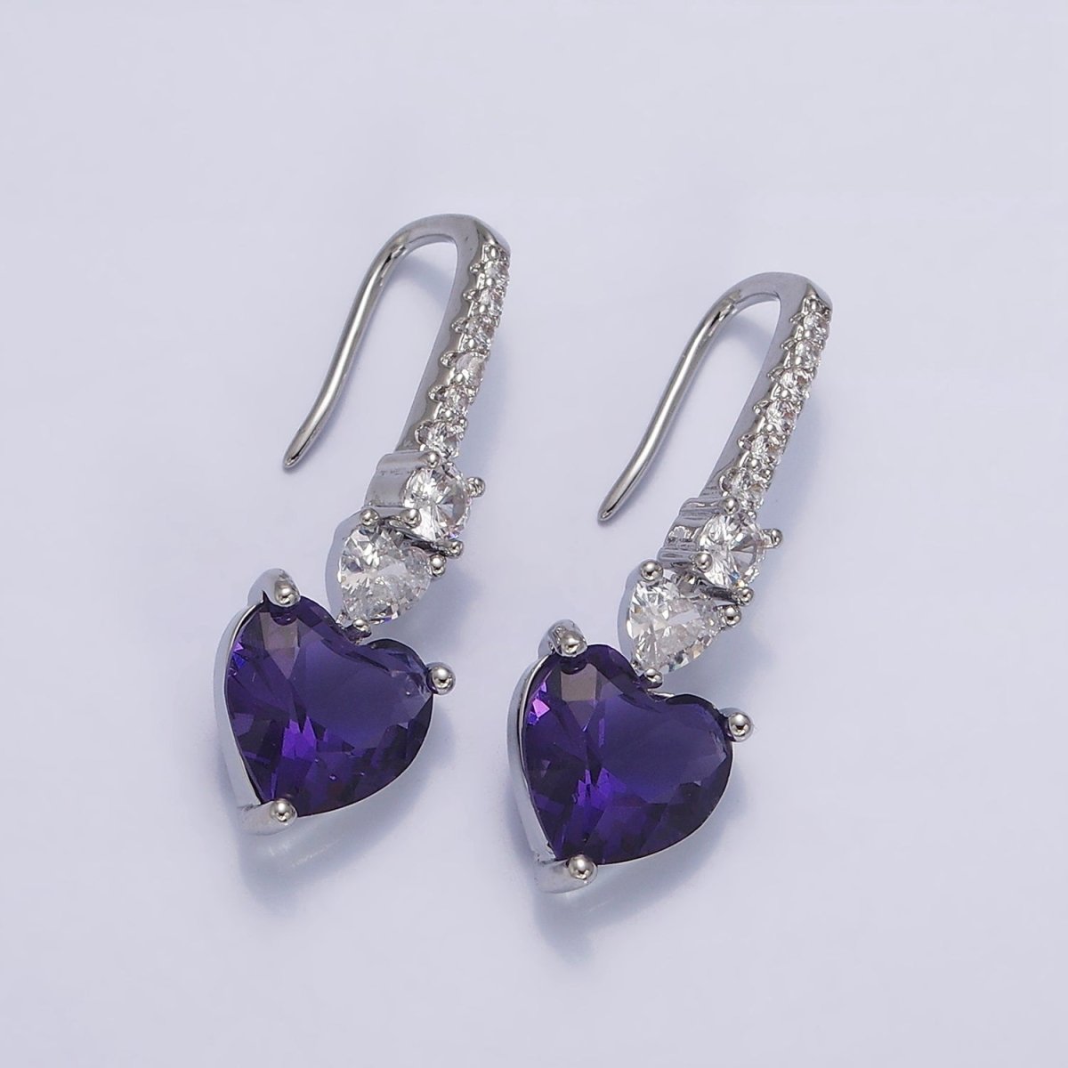 16K Gold Filled Clear, Green, Pink, Red, Blue, Purple CZ Heart Drop Micro Paved French Hook Earrings in Gold & Silver | AD1040 - AD1051 - DLUXCA