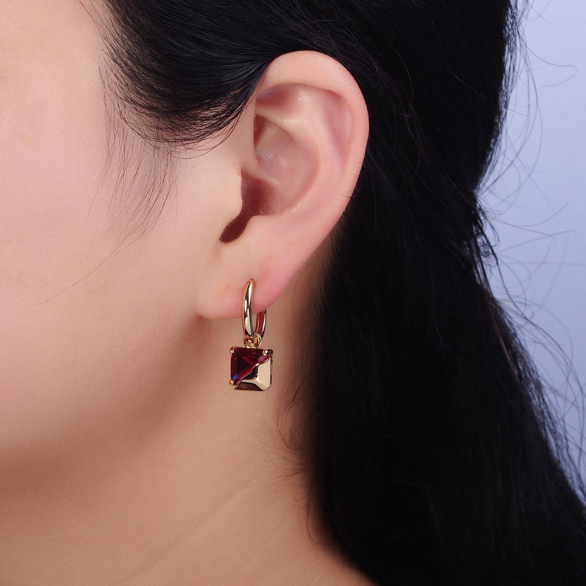 16K Gold Filled Clear, Green, Pink, Red, Blue, Purple CZ Square Molten Drop Huggie Earrings in Gold & Silver | AD1480 - AD1491 - DLUXCA