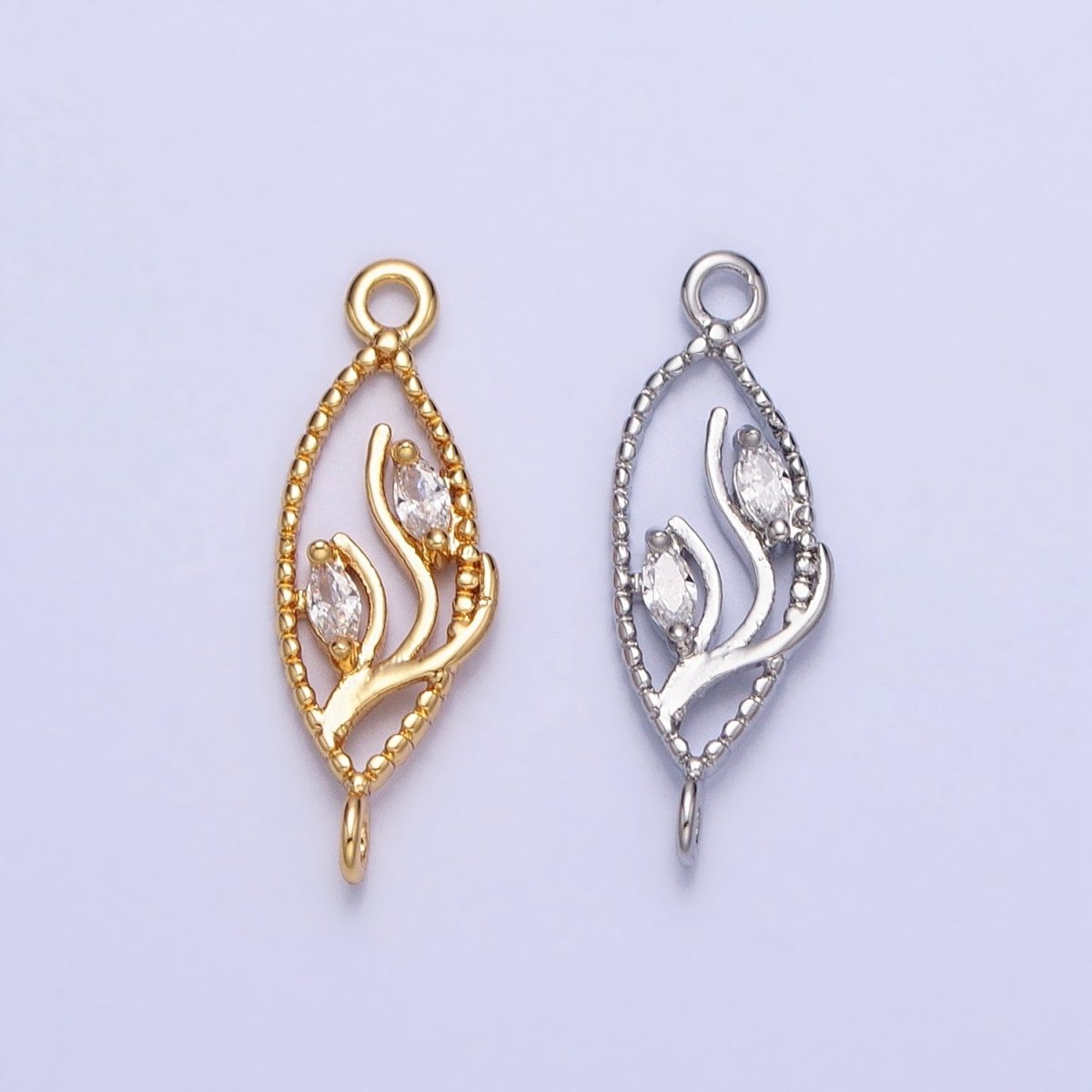16K Gold Filled Clear Marquise CZ Leaf Beaded Open Sphere Connector in Gold & Silver | AA993 AA994 - DLUXCA