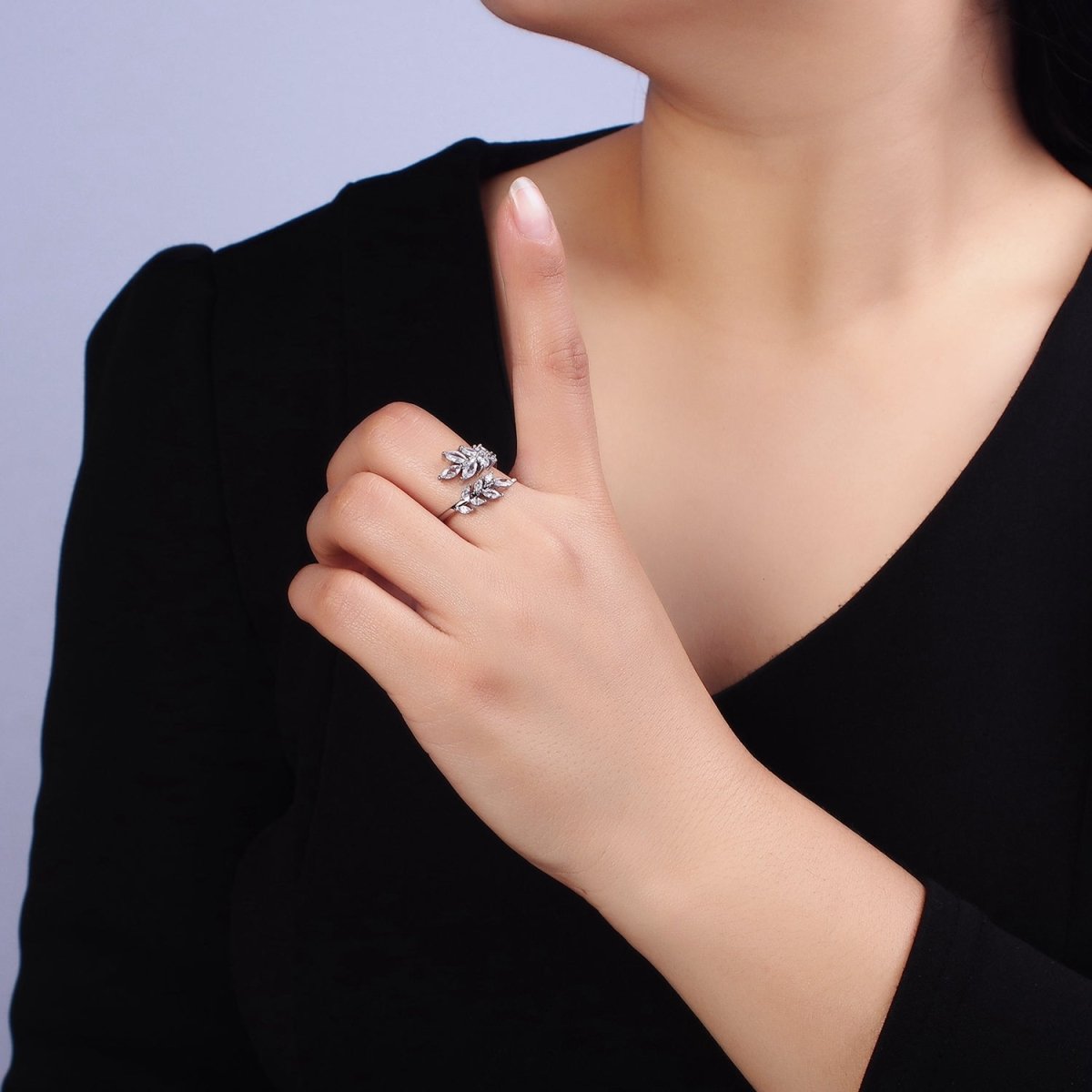 16K Gold Filled Clear Marquise CZ Leaf Nature Open Adjustable Ring in Gold & Silver | O-1577 O-1578 - DLUXCA