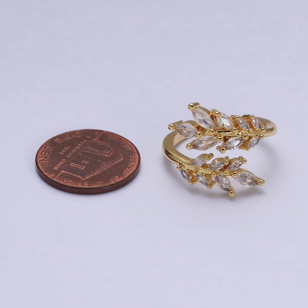 16K Gold Filled Clear Marquise CZ Leaf Nature Open Adjustable Ring in Gold & Silver | O-1577 O-1578 - DLUXCA