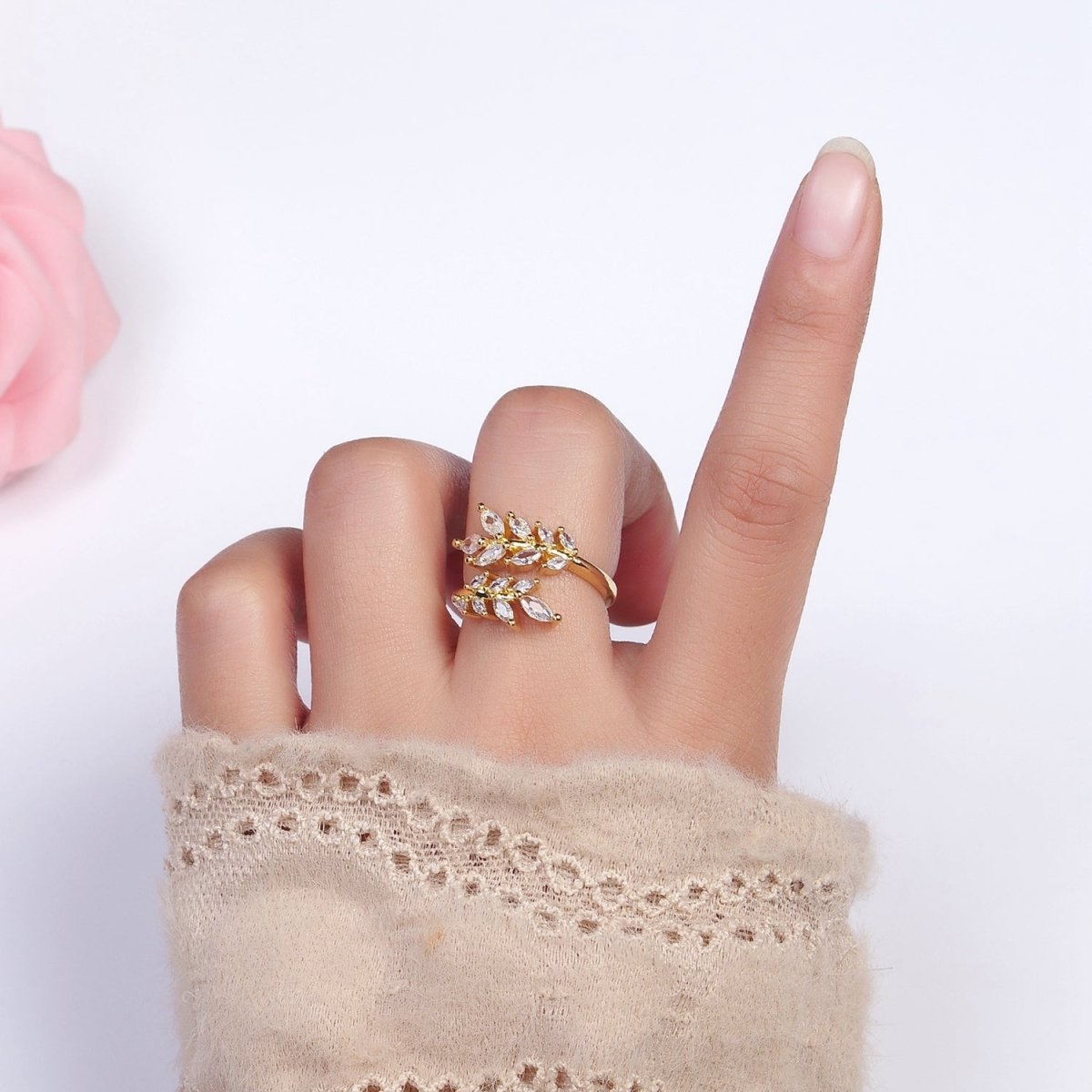 16K Gold Filled Clear Marquise CZ Leaf Nature Open Adjustable Ring in Gold & Silver | O-1577 O-1578 - DLUXCA
