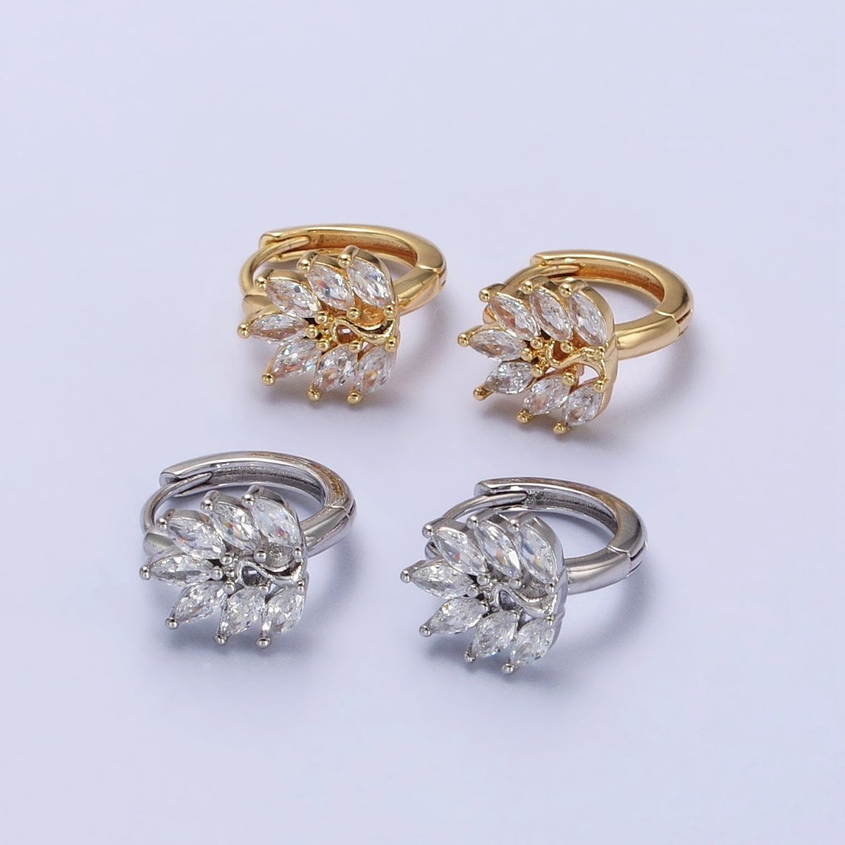 16K Gold Filled Clear Marquise Leaf Tree 13mm Cartilage Huggie Earrings in Silver & Gold | AB441 AB465 - DLUXCA