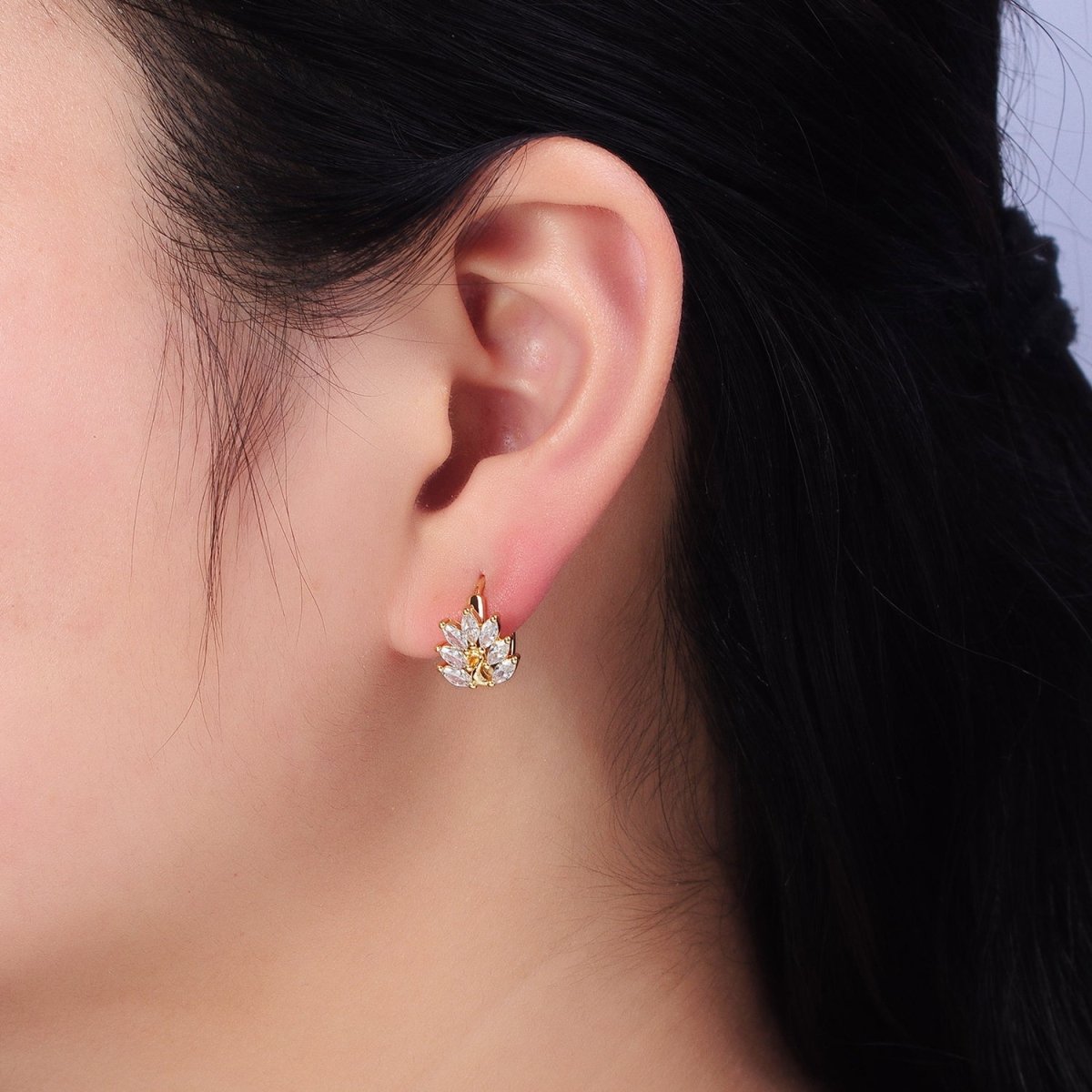 16K Gold Filled Clear Marquise Leaf Tree 13mm Cartilage Huggie Earrings in Silver & Gold | AB441 AB465 - DLUXCA