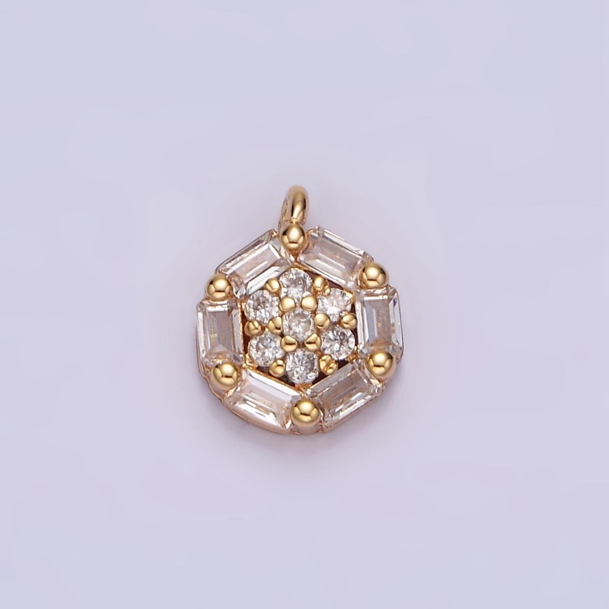 16K Gold Filled Clear Micro Paved CZ Baguette Lined Round Mini Charm | N1750 - DLUXCA