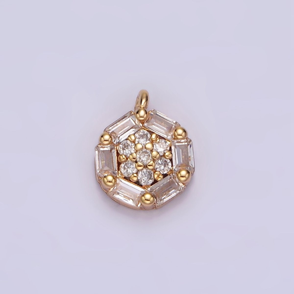 16K Gold Filled Clear Micro Paved CZ Baguette Lined Round Mini Charm | N1750 - DLUXCA