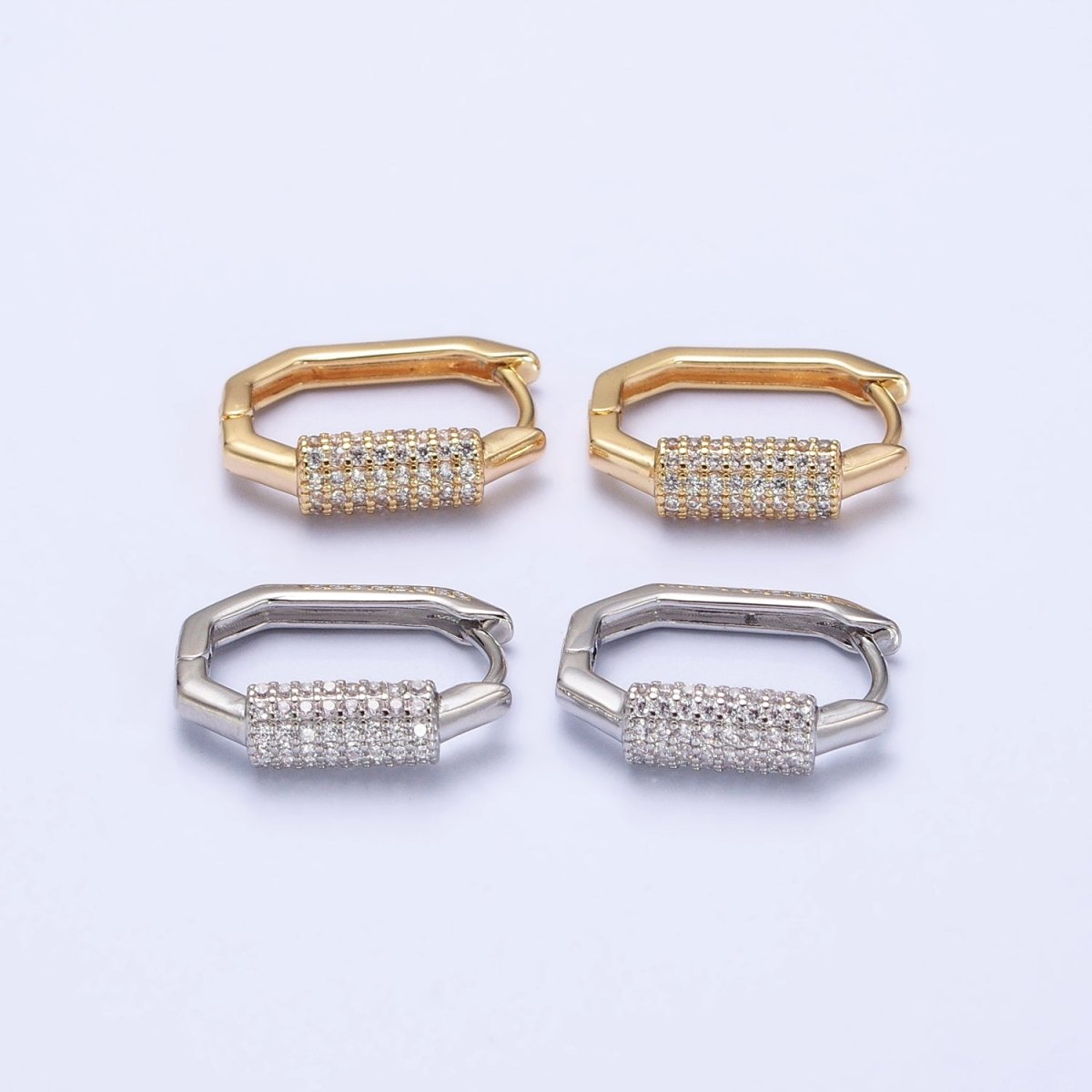 16K Gold Filled Clear Micro Paved CZ Cylinder Hexagonal Hoop Earrings in Gold & Silver | AB395 AB396 - DLUXCA