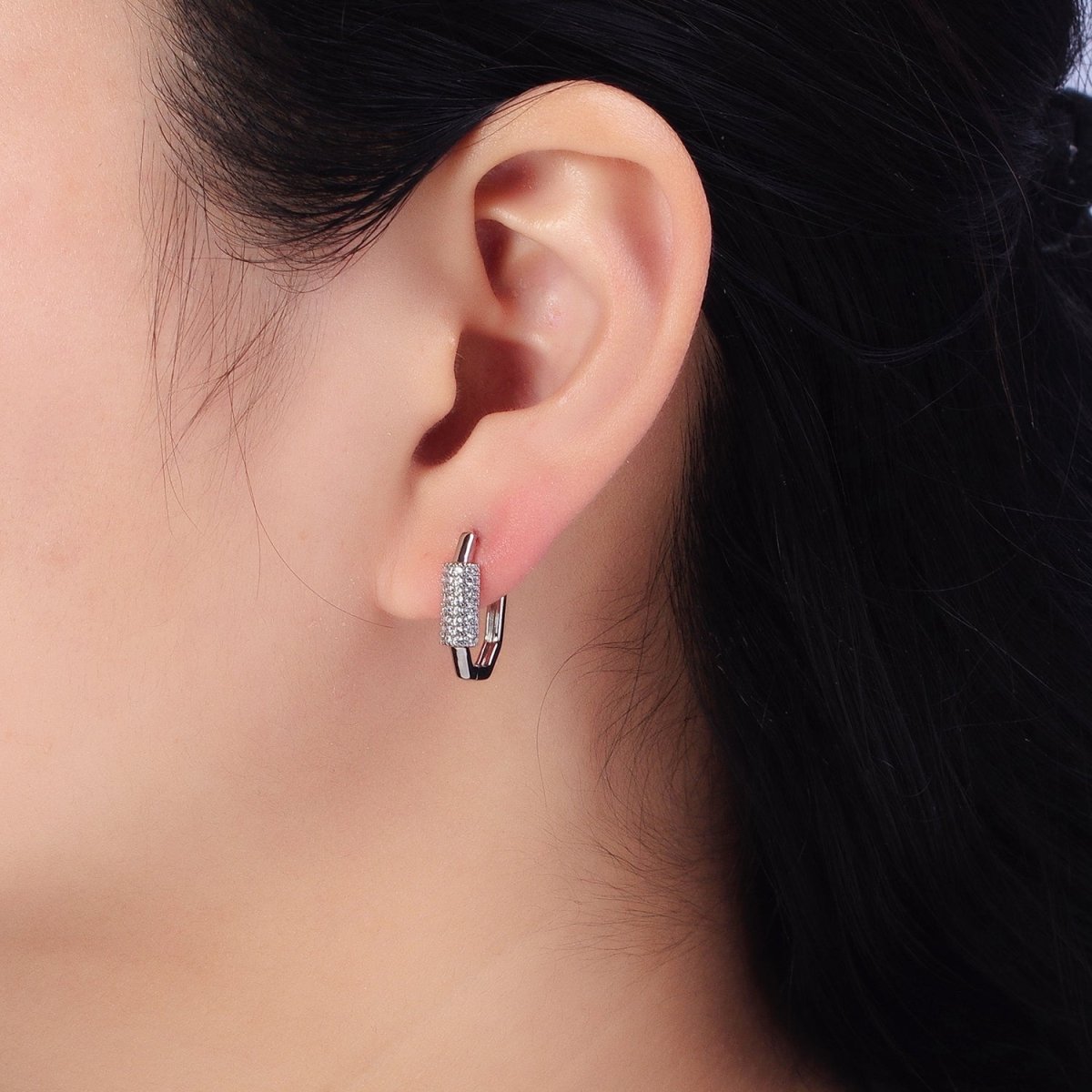 16K Gold Filled Clear Micro Paved CZ Cylinder Hexagonal Hoop Earrings in Gold & Silver | AB395 AB396 - DLUXCA