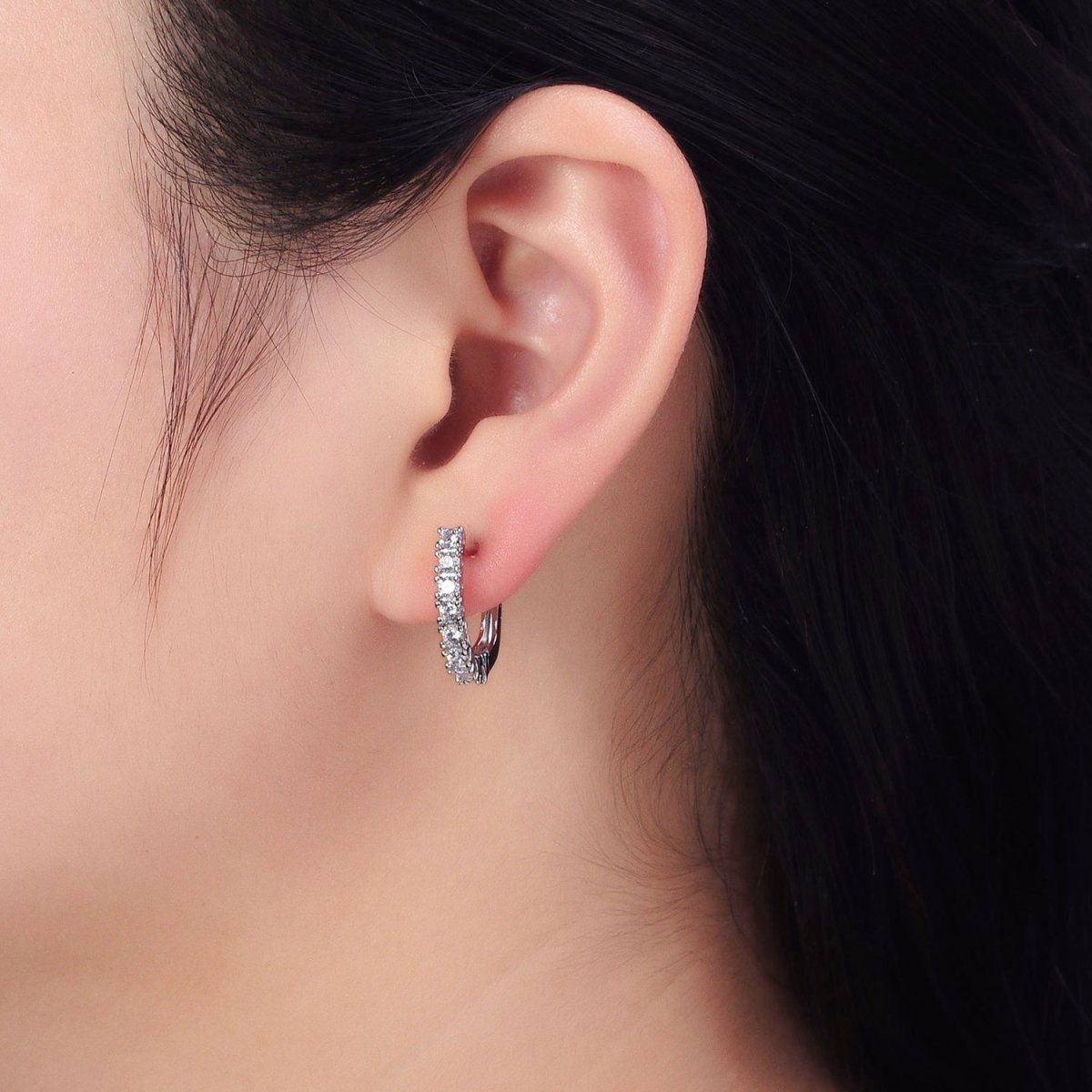 16K Gold Filled Clear Micro Paved CZ Lined 19mm Oblong English Lock Earrings in Gold & Silver | AB912 AB450 - DLUXCA