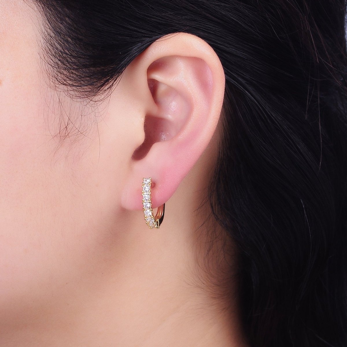 16K Gold Filled Clear Micro Paved CZ Lined 19mm Oblong English Lock Earrings in Gold & Silver | AB912 AB450 - DLUXCA