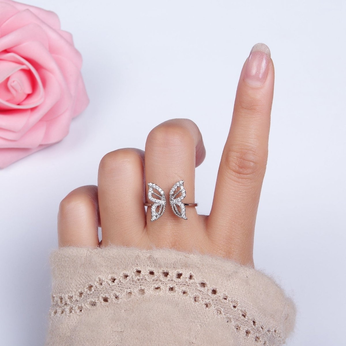 16K Gold Filled Clear Micro Paved CZ Open Butterfly Ring in Gold & Silver | R044 O581 - DLUXCA